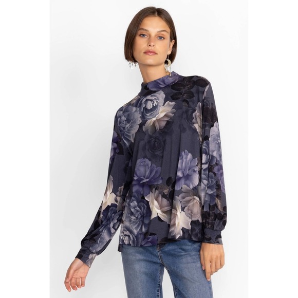 Johnny Was Tops - 104- Johnny Was "Grey Peony" Long-Sleeve Mock Neck Top